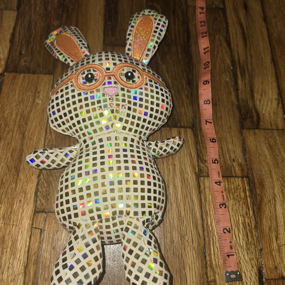 Gold Bunny Plush Disco Party Ball Huggable  12" Shiny Orange Glasses Stuffed